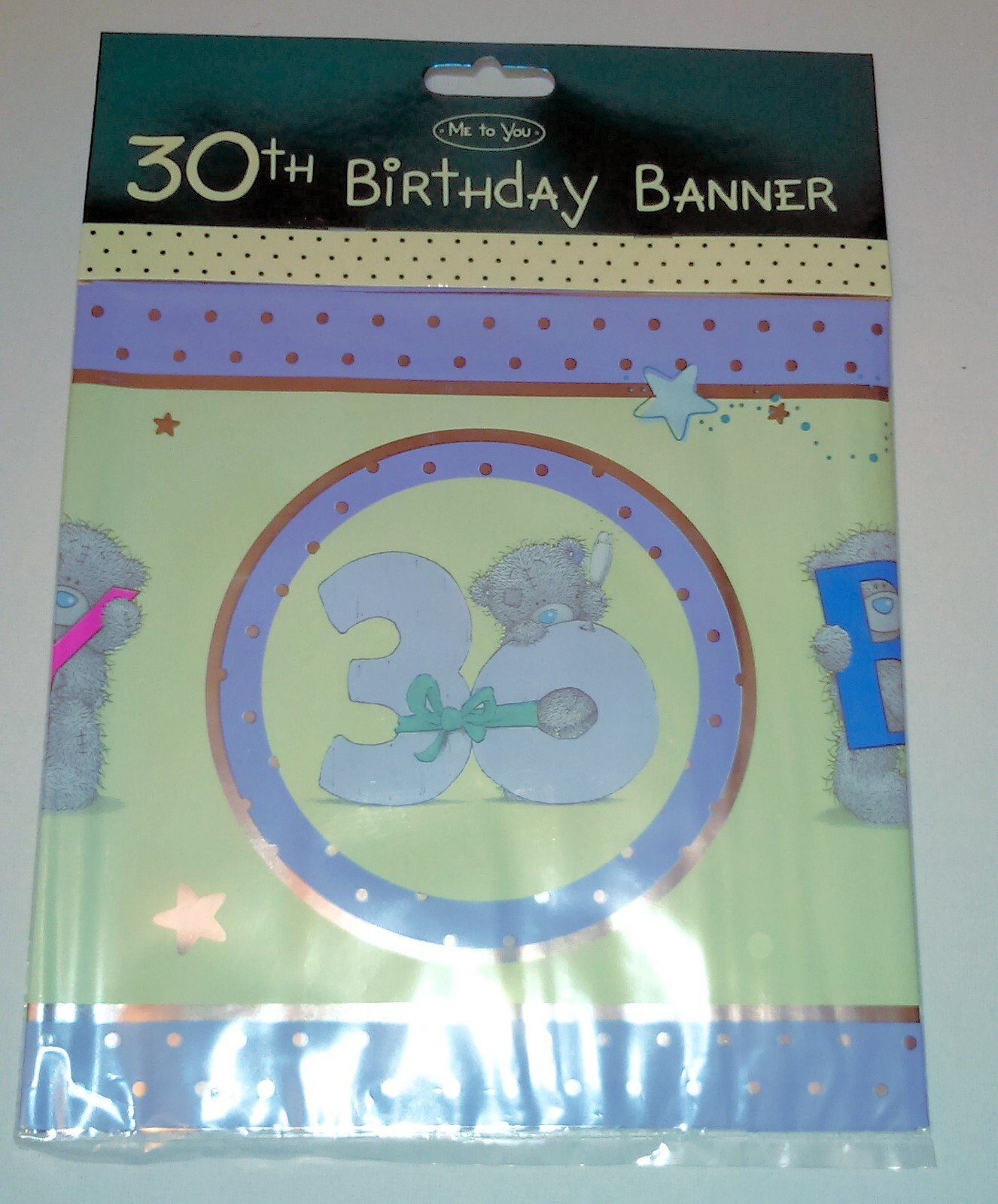 2.75m Tatty Teddy 30th BIRTHDAY BANNER Silver Foil PRINTED BLUE YELLOW Repeats