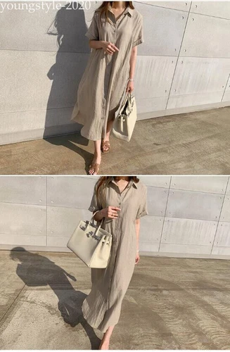 Lady Summer Casual Button-Down Shirt Dress Cotton Linen Long Tunic Beach Kaftan - Bild 12 von 19