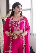 Womens  Pink Embroidered Crop Top With Palazzo  & Long Cape Jakt. Upto 2XL