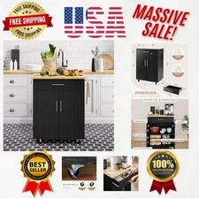 Elegant Rolling Kitchen Island Cart with Storage - Black Wood Finish, 26" Size