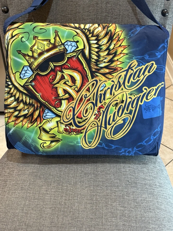 Bolso Mensajero Christian Audigier Azul Lona Diseño Ed Hardy Y2K De Colección Foto 2 de 4