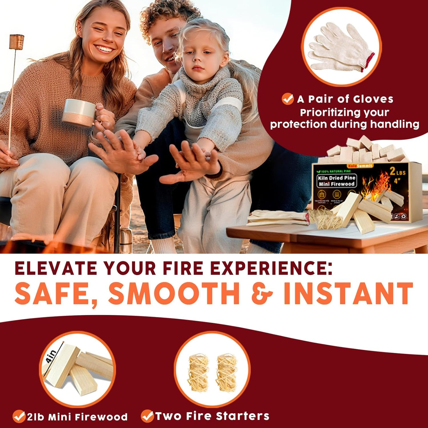 Mini Fire Stick with Fire Starters Gloves 4" Kiln Dried Pine Fire Pit Accessorie