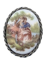 Fragonard-Inspired Porcelain Cameo Brooch Romantic Courting Couple Scene Vintage