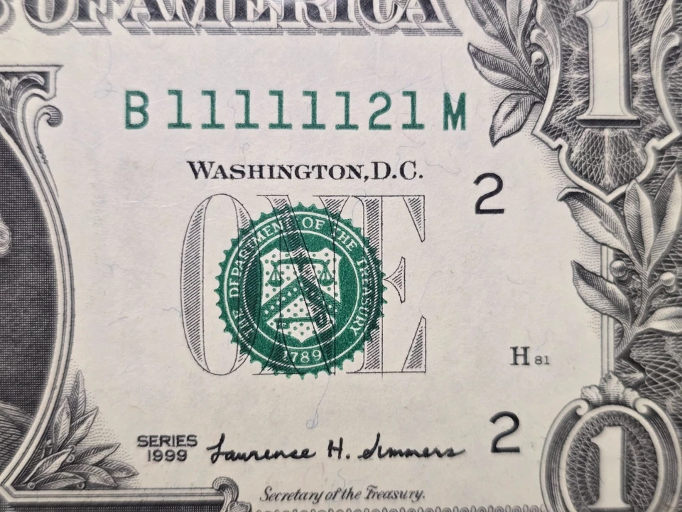 Special Serial number (B11111121M) 1999 $1 Federal Reserve Note PMG  GEM 65 EPQ - Image 2 of 4