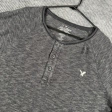 American Eagle Thermal Henley Shirt Mens Large Black Long Sleeve Casual Comfort