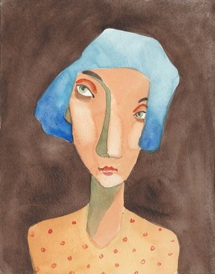 Original Aquarell, Blaue Haare, Portrait, zeitgenössische Kunst, naive Malerei