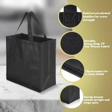 50 Pack Reusable Tote Bags Black Non Woven Shopping Grocery Bags with Handles