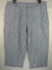 CHICOS Linen Wide Leg Cropped Pants Blue White Size 3 US 16 Nautical Coastal