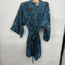 Vintage Inner Most Teal Blue Sheer Floral Knee Length Short Robe Size Medium-25A