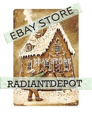 Gingerbread House Metal Sign Christmas Rustic Home Snow Scene