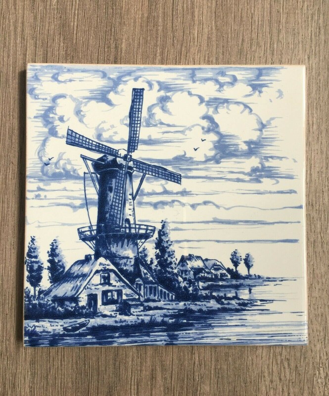 Vintage Hand Painted Windmill Ceramic Tile Trivet Mosaic Wall Decoration