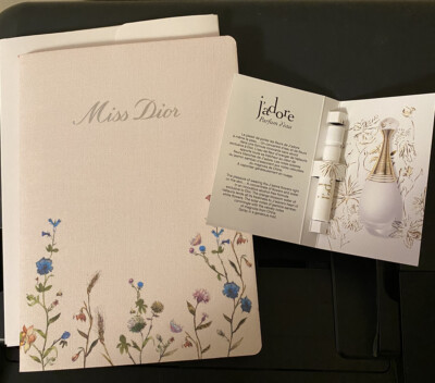 Miss Dior floral notebook and J adore parfum d eau 0.04 fl. oz.