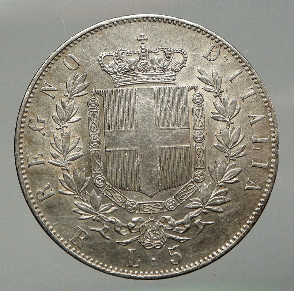 1877 ITALY King Victor Emmanuel II OLD Silver 5 Lire Antique ITALIAN Coin i92925 - Image 2 of 3