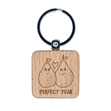 Perfect Pear Pair Love Doodle Engraved Wood Square Keychain Tag Charm