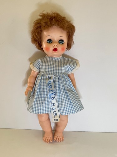 Vintage 1950-60s Uneeda 10.5” Vinyl Doll Saran+ Hair Drink Wet Sleep Eyes Dress - Picture 2 of 23