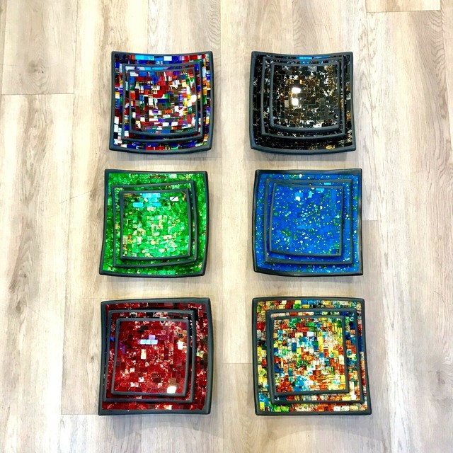 Mosaic Square Decorative Plates Set of 3 Multicolor Hand Made by Zenda