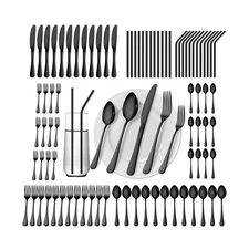 84 Pieces Black Silverware Set Service for 12 Flatware Set with Straws Stainl...