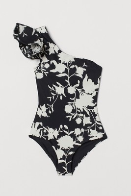 black and white one shoulder swimsuit