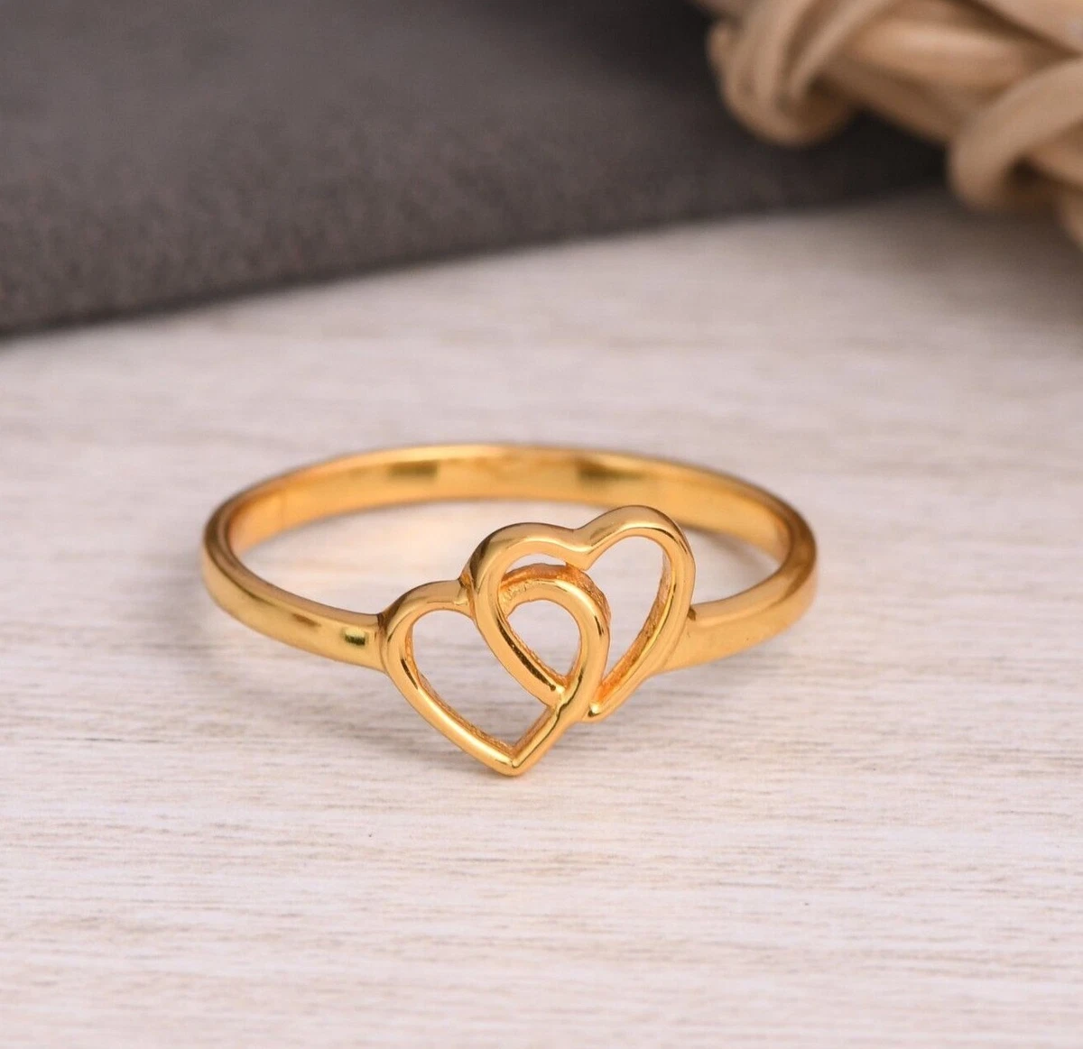 18k Gold Plated Entwined Ring, Sterling Silver love Double Connected Heart  Ring