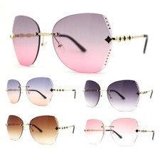 Womens Rimless Oversized Butterfly Rhinestone Bevel Lens Sunglasses