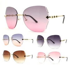 Womens Rimless Oversized Butterfly Rhinestone Bevel Lens Sunglasses