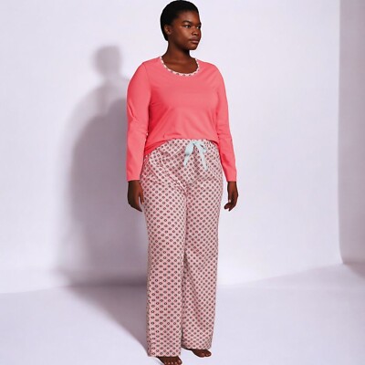 Womens Knit Pajama Set Lands End Coral Top Patterned Pants NEW