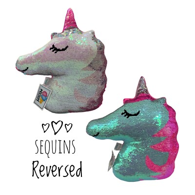 2 Scoops Unicorn Reversible Sequin Plush Pillow Pink Blue Silver 15'' ages 5+