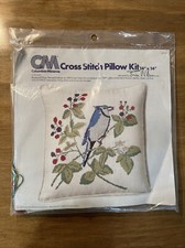 Vintage 1977 Columbia Minerva Cross Stitch Pillow Kit Blue Jay 14" by 14"