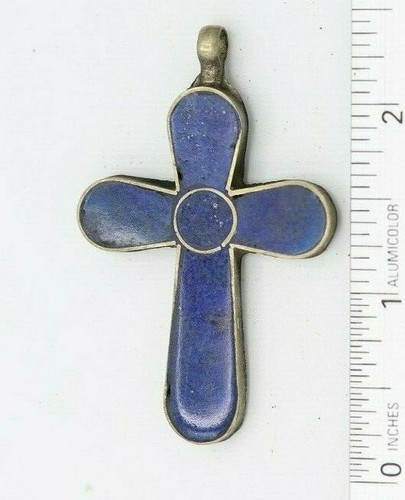 ANTIQUE HOLYLAND LAPIS CROSS 1800's AD PENDANT SILVER & lapis LARGE cross #2 - Picture 1 of 11