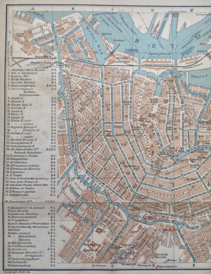 Mapa detallado del plano de la ciudad de Ámsterdam Holanda Países Bajos Canales Río Amstel 1901 Foto 2 de 4