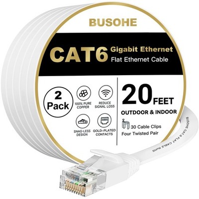 2 PCS Cat6 Ethernet Cable 20 FT White Flat Internet LAN Network Patch RJ45