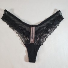 Victoria's Secret Mesh Lace-Trim High-Leg Thong Large Black Sheer Floral