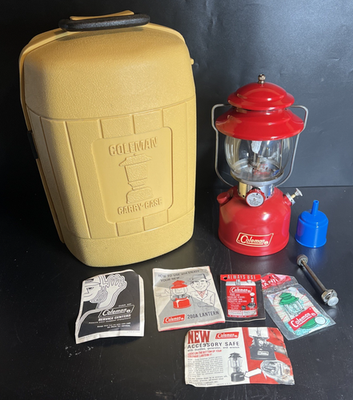 #ad Vintage Coleman 200A Red Lantern w Carrying Case Paperwork TESTED $199.00