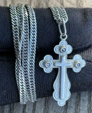 Antique Necklace Jesus Cross Silver 925 Chain Pendant Jewelry Women's Mens Rare