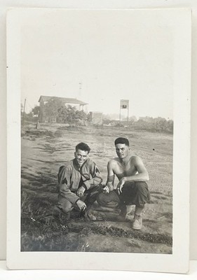 1940s Two Crouching Soldiers in War Zone Shirtless WWII Military Snapshot Photo