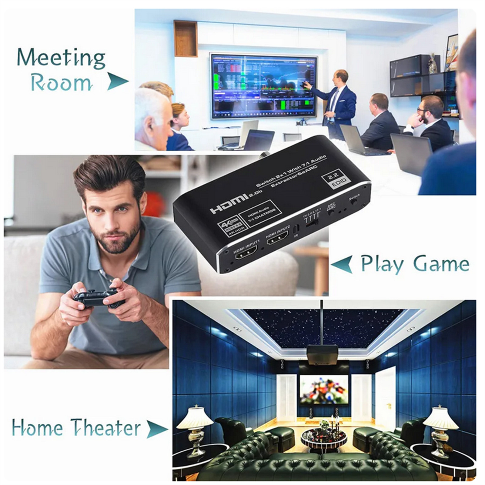 HDMI 2.0b Audio Extractor Switcher 4K@60Hz 2 In 1 Out W/ Earc & Toslink For TV