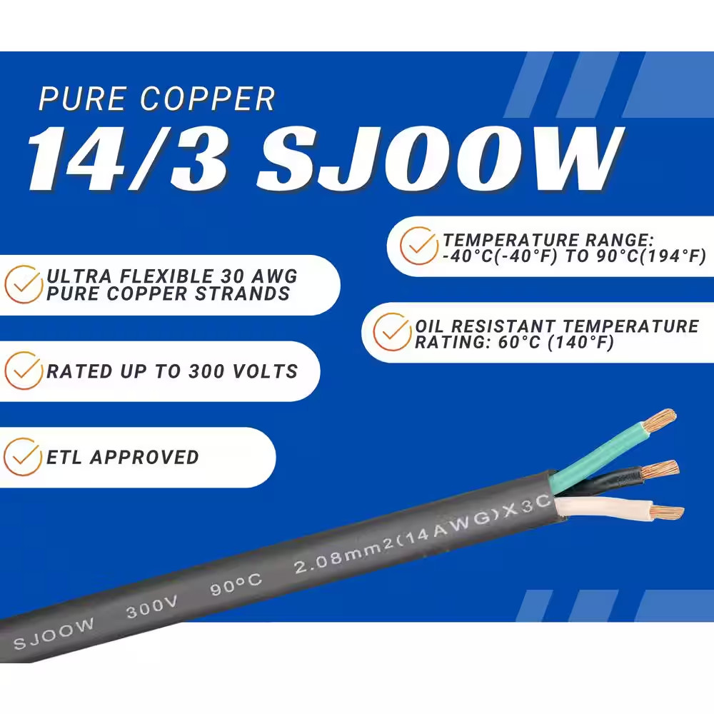 75 Ft. 14/3 14-Gauge 3 Conductor 300-Volt Black SJOOW Cable Cord