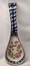 Bolesawiec Polish Pottery Holiday Spoon Rest Red,Blue,Green Holly & Pointsetteia