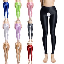 Women Trousers Gym Tights High Stretch Underwear Glossy Pants Open Crotch Yoga