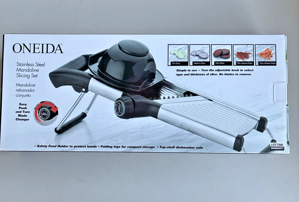 Juego de rebanadas de acero inoxidable mandolina Oneida opciones de perilla rebanadora nuevo Foto 4 de 4