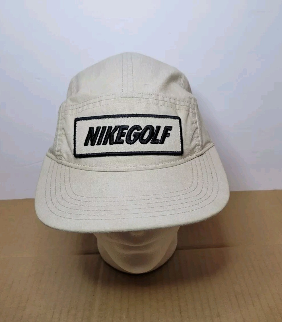 NIKE GOLFヴィンテージキャップ アイボリー×レザーブラウン 雑貨 古着 90s NIKE GOLF スウォッシュ プレート ワンポイント