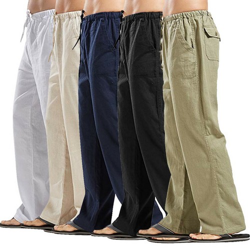 Pantalones Recto Para Hombre Casual De Bolsillo Con Cordones Pantalones  Talla Grande Suelto Algodón Lino | eBay