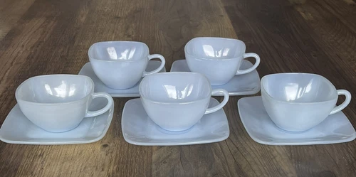 Fire King Delphite Blue Azurite Charm Square Cups And Saucers Vintage ~ 5 Sets