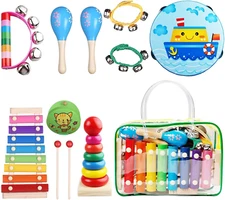 Kids Musical Instrument Set, Xylophone, Maracas, Wooden Toy for Toddler with Bag