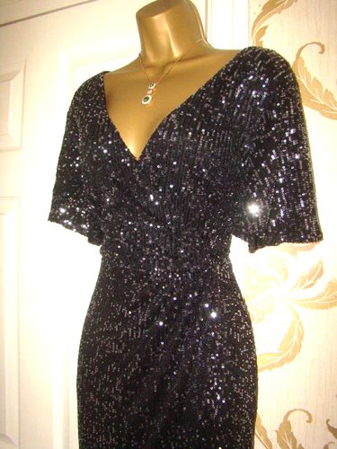 QUIZ SEQUIN SIZE 14 BLACK SILVER EVENING PARTY PROM CRUISE MAXI DRESS GOWN - Picture 5 of 10