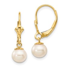 Real 14K Yellow Gold 6-7mm White Round FW Cultured Pearl Leverback Earrings