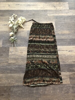 VTG 90 s DB Line New York Brown Tan Multi Color Safari Animals A-Line Maxi Skirt
