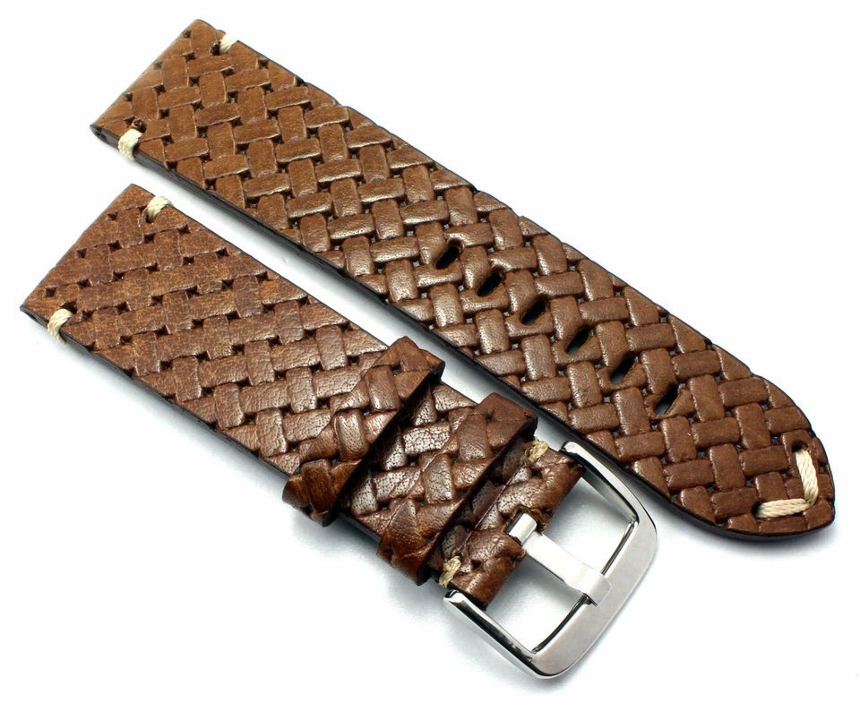 CORREA RELOJ 22mm 24mm Aspecto Vintage Hecha en Alemania Trenzado Repujado Cuero Genuino Foto 3 de 4