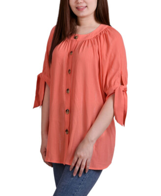 NY Collection Women's Size Elbow Sleeve Tie-Sleeve Blouse