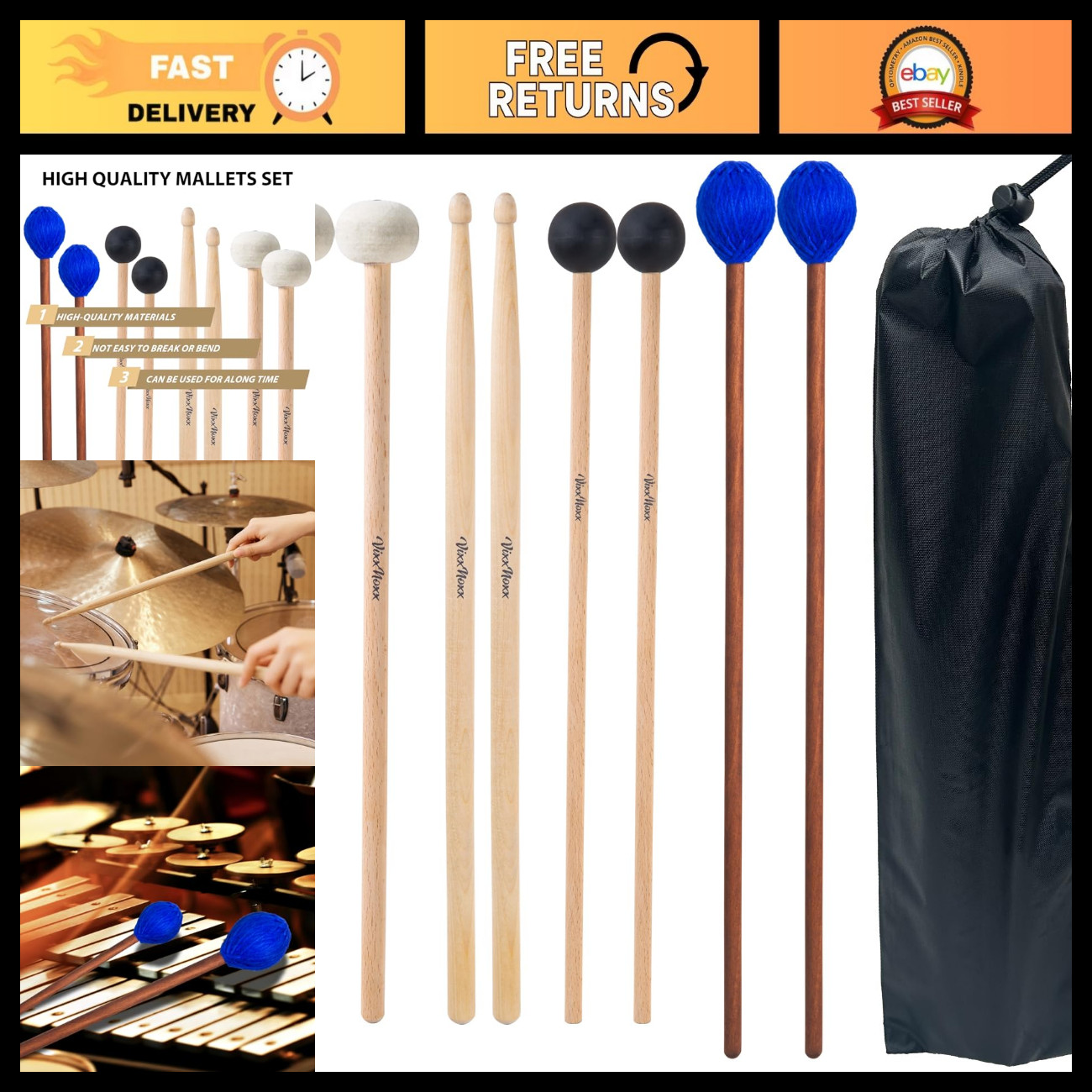 4 Pairs Drum Mallets Set - Felt Timpani, Rubber, Marimba, 5A - Percussion Access